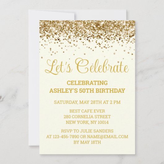 Custom Ivory and Gold Glitter 50th Birthday Party Einladung (Vorderseite)