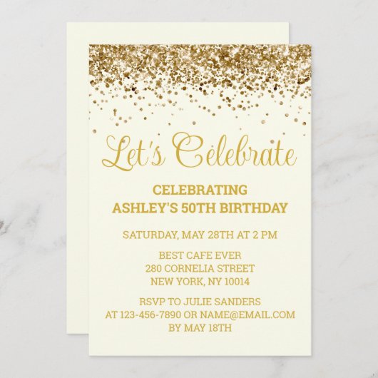 Custom Ivory and Gold Glitter 50th Birthday Party Einladung (Vorne/Hinten)
