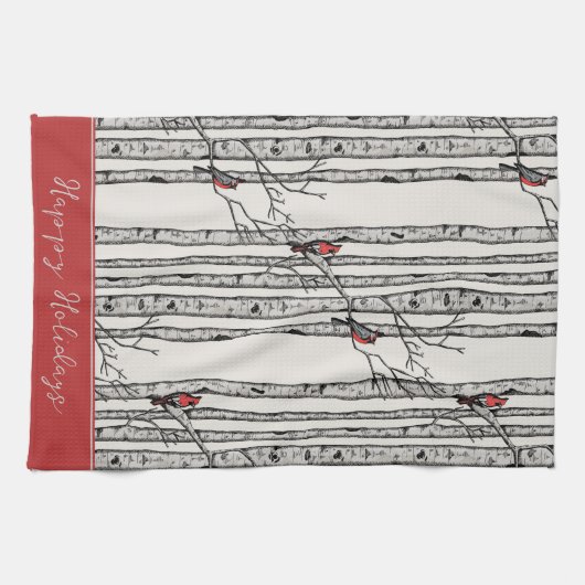 Custom Ivory Birch Trees and Red Kardinal Birds Geschirrtuch (Horizontal)