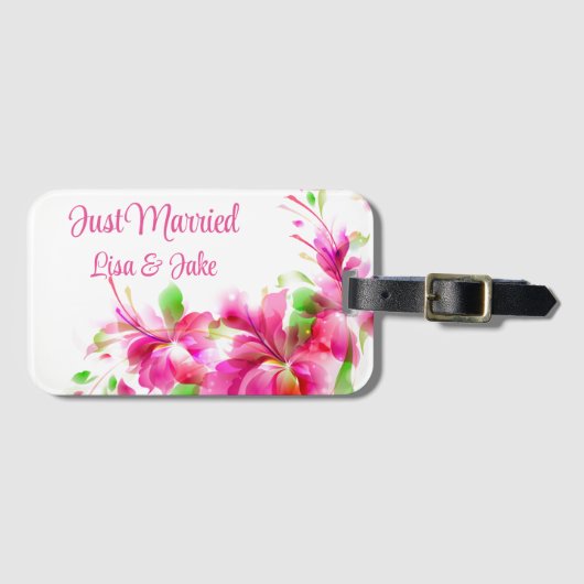 Custom Just Married Floral Luggage Tag Gepäckanhänger (Vorderseite (Horizontal))