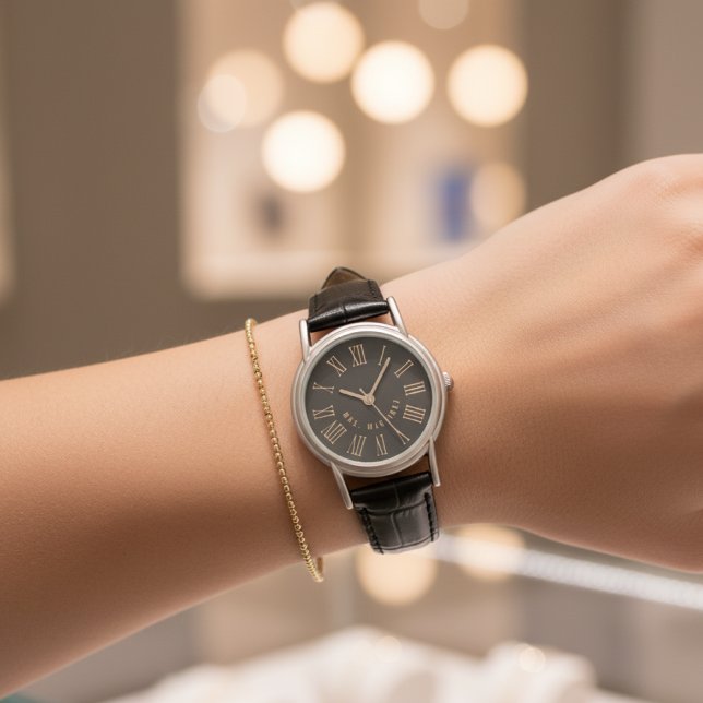 Custom Just Married Watch Gift for Husband or Wife Armbanduhr (Black Leather Couple Gift – Personalized Bachelorette, Wedding or Engagement Present)