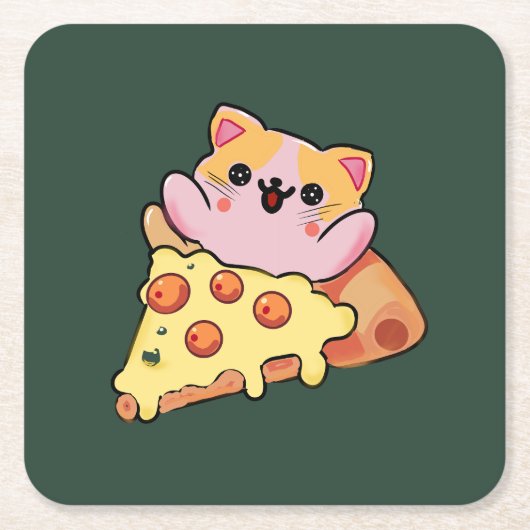 Custom Kawaii Cat Hugging Pepperoni Pizza Cartoon Rechteckiger Pappuntersetzer (Vorderseite)