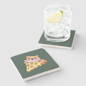 Custom Kawaii Cat Hugging Pepperoni Pizza Cartoon Steinuntersetzer (Seitenansicht)