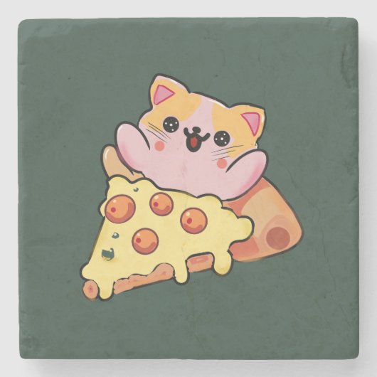 Custom Kawaii Cat Hugging Pepperoni Pizza Cartoon Steinuntersetzer (Vorderseite)