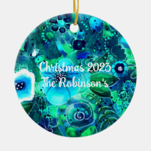 Custom Keramik Ornament - Abstrakte Blüten Aquamar