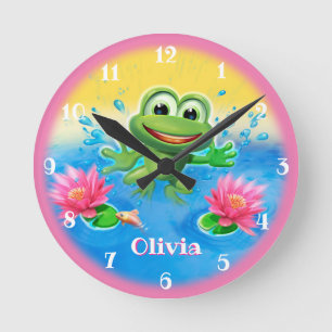 Custom Kid’s clock Leaping frog design. Runde Wanduhr