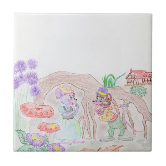 Custom Kids Artwork, zwei niedliche Maus, Blume... Fliese (Vorderseite)
