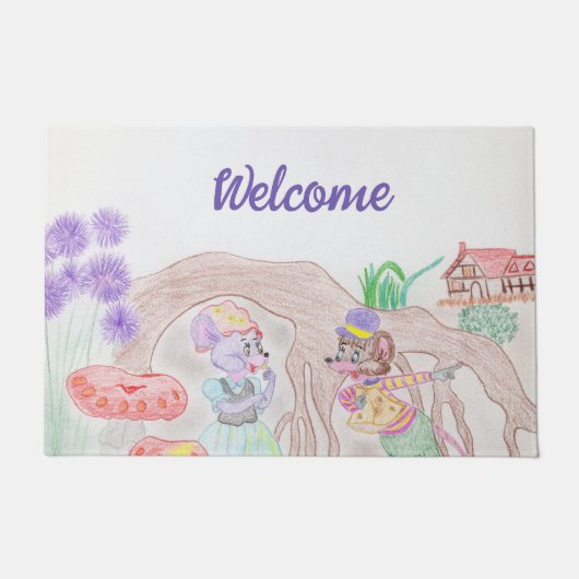 Custom Kids Artwork, zwei niedliche Maus, Blume... Fußmatte (Vorderseite)