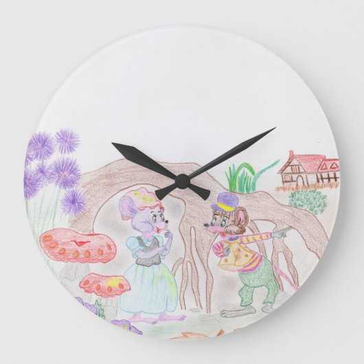 Custom Kids Artwork, zwei niedliche Maus, Blume... Große Wanduhr (Vorderseite)