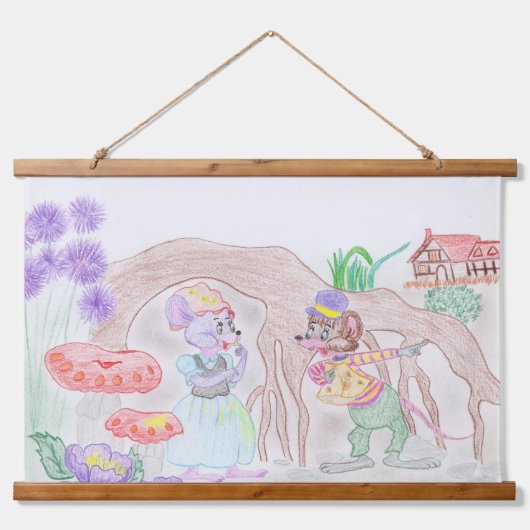 Custom Kids Artwork, zwei niedliche Maus, Blume... Wandteppich Mit Holzrahmen (Vorne)