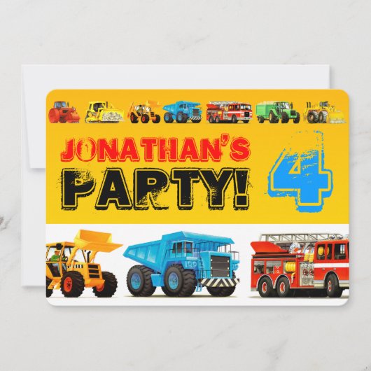 Custom Kids Construction Trucks 4. Geburtstag Part Einladung (Vorderseite)
