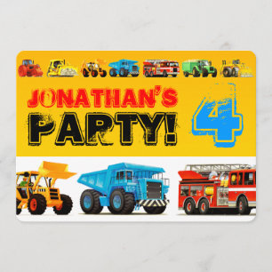Custom Kids Construction Trucks 4. Geburtstag Part Einladung
