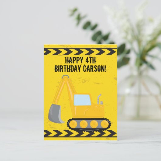 Custom Kids Construction Vehicle Happy Birthday Postkarte (Stehend Vorderseite)