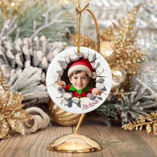 Custom Kids Face Photo Funny Christmas Elf Name Keramik Ornament