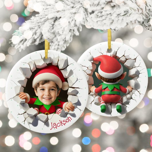 Custom Kids Face Photo Funny Christmas Elf Name Keramik Ornament