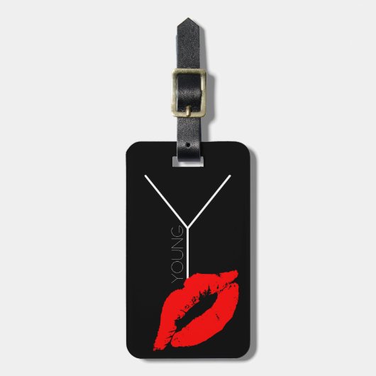 Custom Kiss Lips Black Red Lipstick Young Monogram Gepäckanhänger (Vorderseite vertikal)