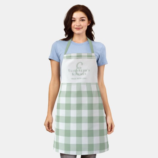 Custom Kitchen Monogram Name Gingham Karo Green Schürze (Getragen)