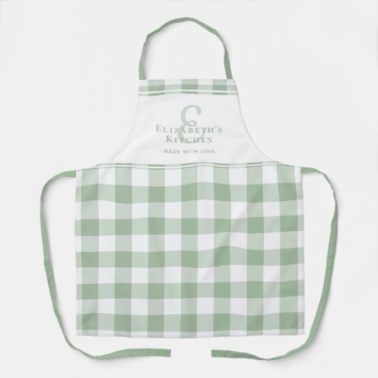 Custom Kitchen Monogram Name Gingham Karo Green Schürze (Vorderseite)