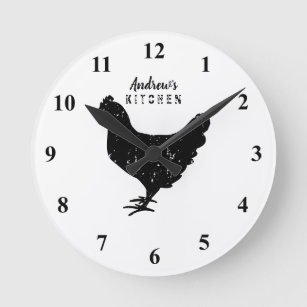 Custom kitchen wall clock with rustic chicken logo runde wanduhr