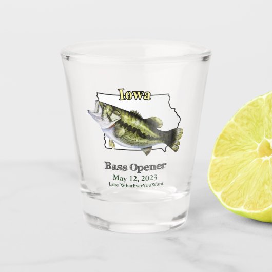 Custom Lake/Date Iowa Bass Opener Schnapsglas (Vorderseite)
