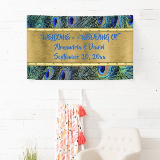 Custom Large Gold & Peacock Feather Welcome etc. Banner (Insitu)