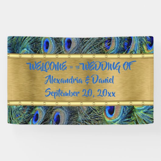 Custom Large Gold & Peacock Feather Welcome etc. Banner (Horizontal)