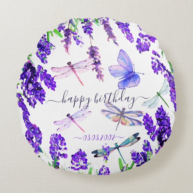 Custom Lavendel Dragonfly Shabby Chic Boho Style Rundes Kissen (Vorderseite)