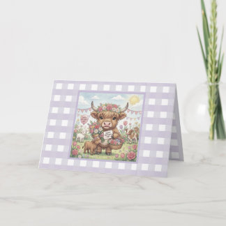 Custom Lavender Highland Cow Gingham Mother's Day Karte
