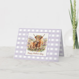 Custom Lavender Highland Cow Gingham Mother's Day Karte