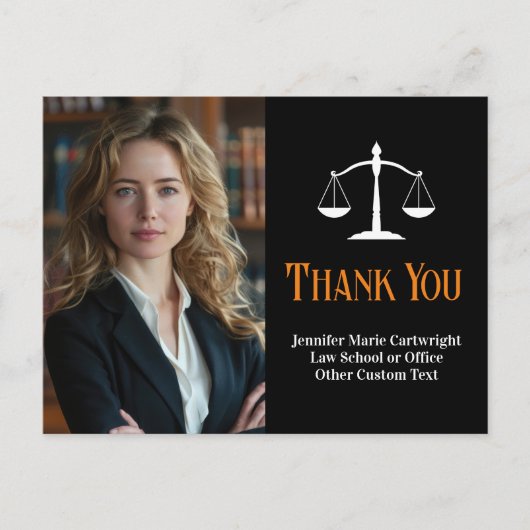 Custom Law School Black Orange Anwältin Vielen Dan Postkarte (Vorderseite)