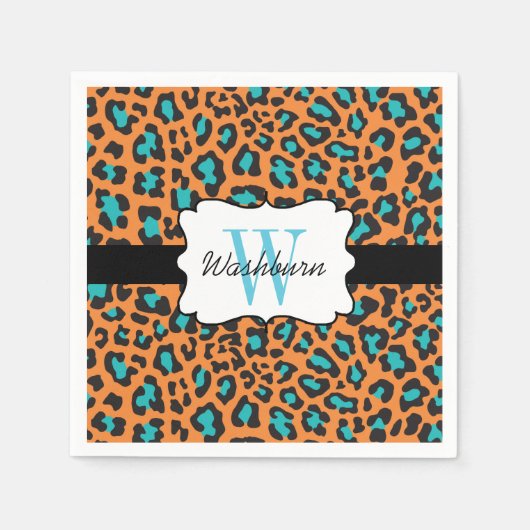 Custom Leopard Orange Black Aqua Cocktail Napkin Serviette (Vorderseite)