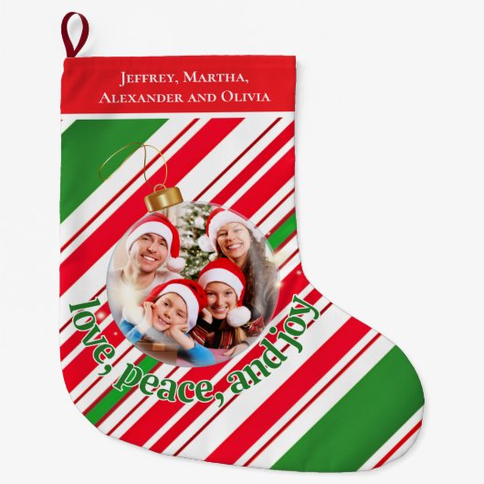 Custom Liebe Peace Joy Family Foto Großer Weihnachtsstrumpf (Vorderseite)