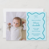 Custom Light Blue Bow Wavy Boho Collage Baby Birth Ankündigung (Vorderseite)