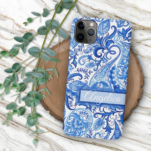 Custom Light Dark Blue White Floral Paisley Art Case-Mate iPhone Hülle