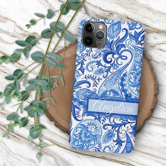 Custom Light Dark Blue White Floral Paisley Art iPhone Hülle