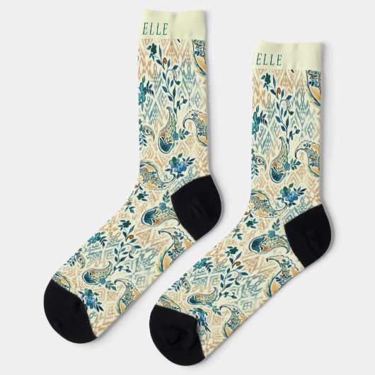 Custom Light Dark Blue White Paisley Muster Socken (Linkes Detail)