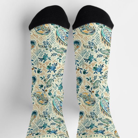 Custom Light Dark Blue White Paisley Muster Socken (Oben)