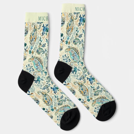 Custom Light Dark Blue White Paisley Muster Socken (Rechts)