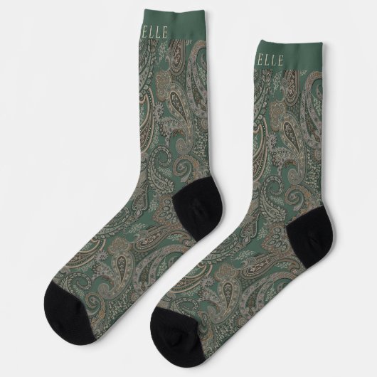 Custom Light Dunkel Green Grey Paisley Pattern Socken (Linkes Detail)