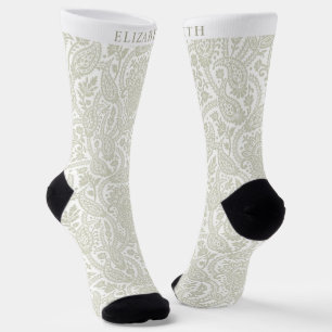 Custom Light Pastell Sage Green White Paisley Socken