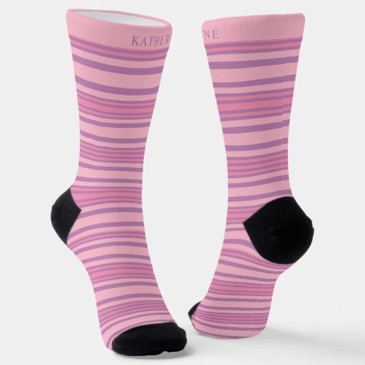 Custom Light Pink Dark Purple Peach Stripes Socken (Gewinkelt)
