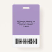 Custom Light Purple Employee Large Photo Logo Name Ausweis (Rückseite)