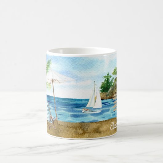 Custom Lighthouse Palm Tree Beach nautical Kaffeetasse (Mittel)