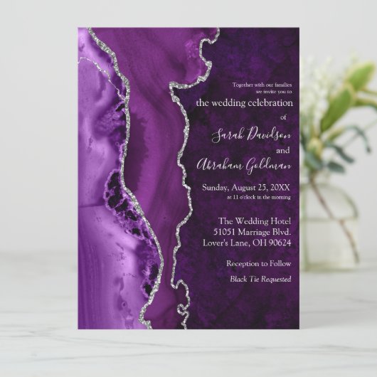 Custom Lila Agate Silver Glitzer Wedding Einladung (Stehend Vorderseite)