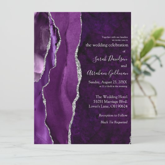 Custom Lila Agate Silver Glitzer Wedding Einladung (Stehend Vorderseite)