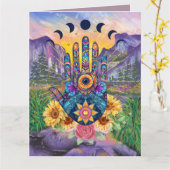 Custom Lila Floral Hamsa Hand Fatima Gruß Karte (Gelbe Blume)