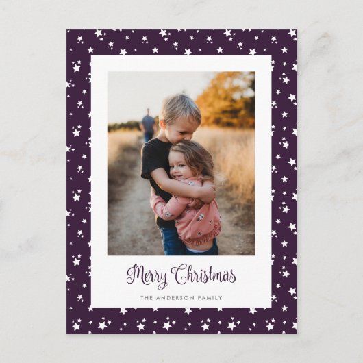 Custom Lila Stars Foto Frohe Weihnachts Postkarte (Vorderseite)