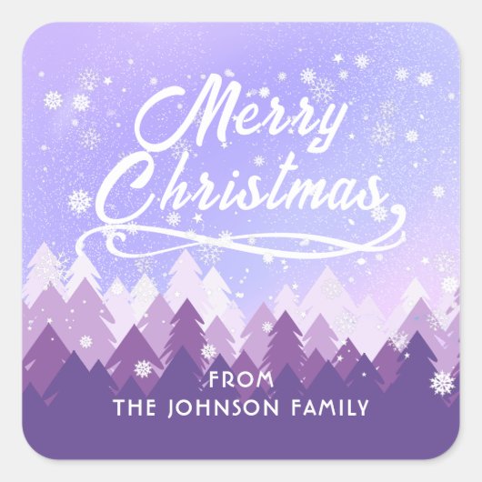 Custom Lila White Snow Friedlich Forest Weihnachte Quadratischer Aufkleber (Vorderseite)