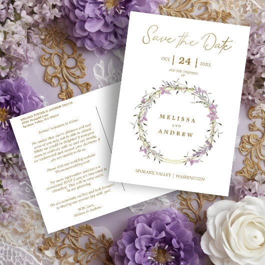 Custom Lilac Elegant Garland Wreath Wedding Ankündigungspostkarte