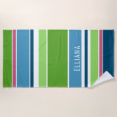 Custom Lime Green Dunkel Blue Hot Pink White Strip Strandtuch (Vorderseite)